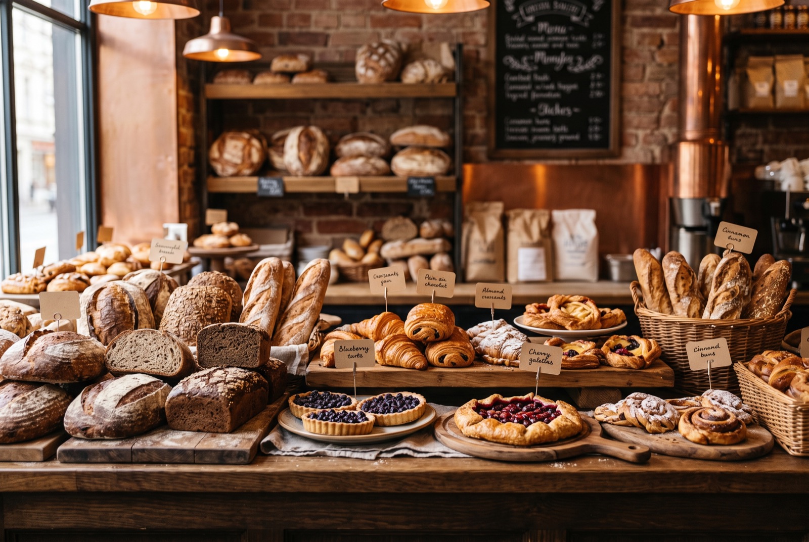 Vitrine de boulangerie garnie de pains, viennoiseries et tartes