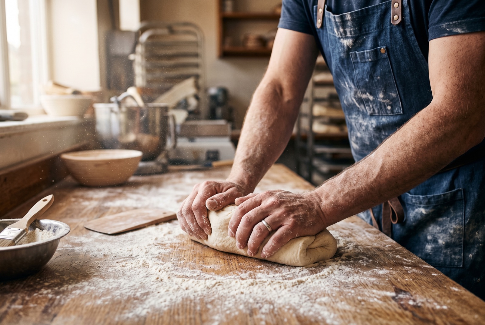 Mains d'un boulanger pétrissant une pâte, farine en suspension dans la lumière